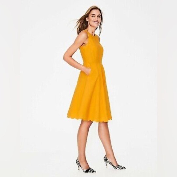 Boden Dresses & Skirts - Boden Judith Dress 12R Ochre Yellow Cotton Poplin Scallop Pockets Fit Flare